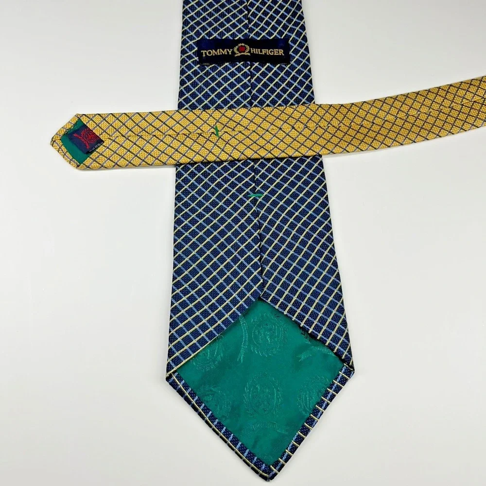Tommy‎ Hilfiger Silk Men's Necktie Geometric Diamond Pattern Blue Yellow USA
